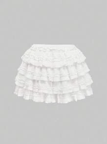 ROMWE Kawaii 白色 Y2K 纹理面料甜美蛋糕下摆拼接女式低腰迷你裙，适合多种场合，秋冬