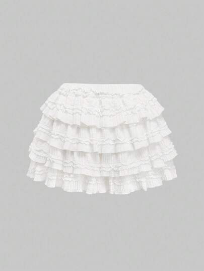 Kawaii White Y2K Textured Fabric Sweet Cake Hem Patchwork Women's Low Waist Mini Skirt, Versatile For Multiple Occasions, Autumn/Winter