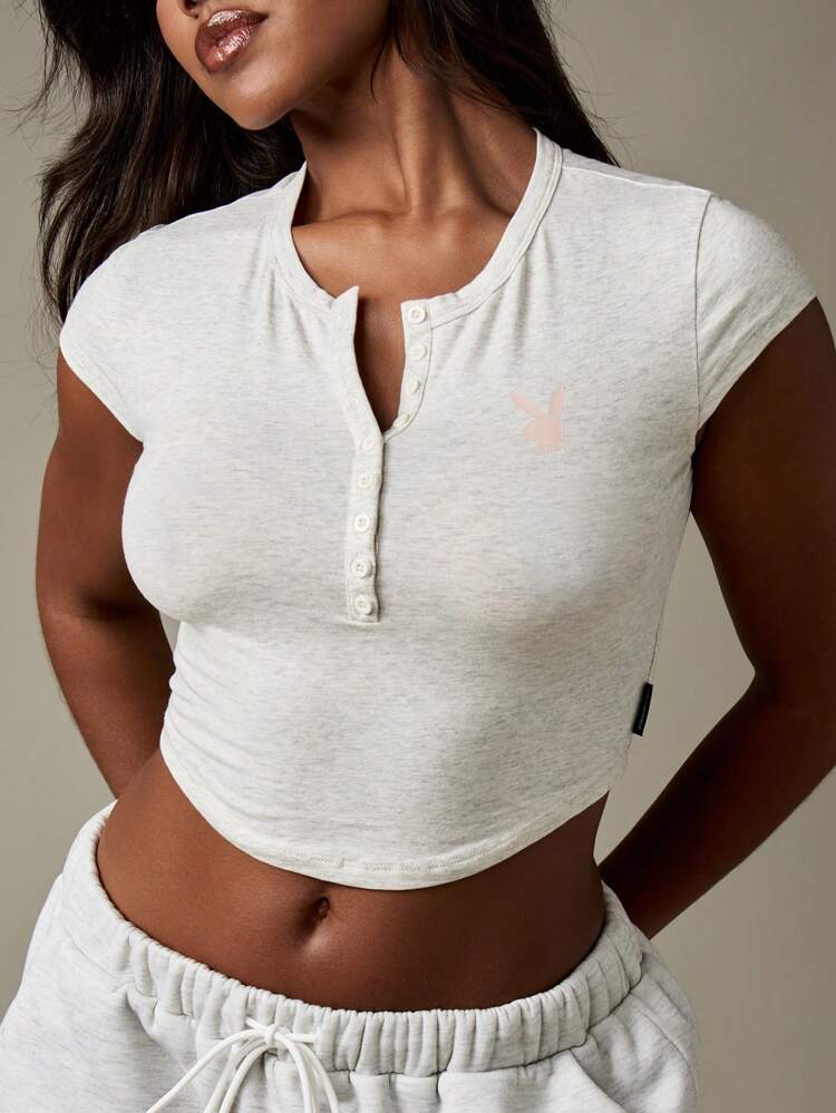 Missguided x Playboy Cropped Henley Baby Tee With Button Front And Cap Sleeves