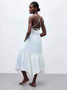 Maija 2025 Summer White Tropical Vacation Holiday Dress,Elasticated Waist Ruffled Asymmetric Tie Bow,Elegant Office Lady Wedding Guest Party Beach Dress - Champagne - View 3