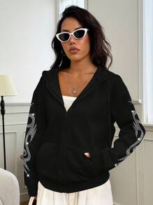 INAWLY Y2K Graphic Hotfix Rhinestones Diamond Sweatshirt, Casual Long Sleeve Hoodie With Zipper And Pocket - Black - View 3