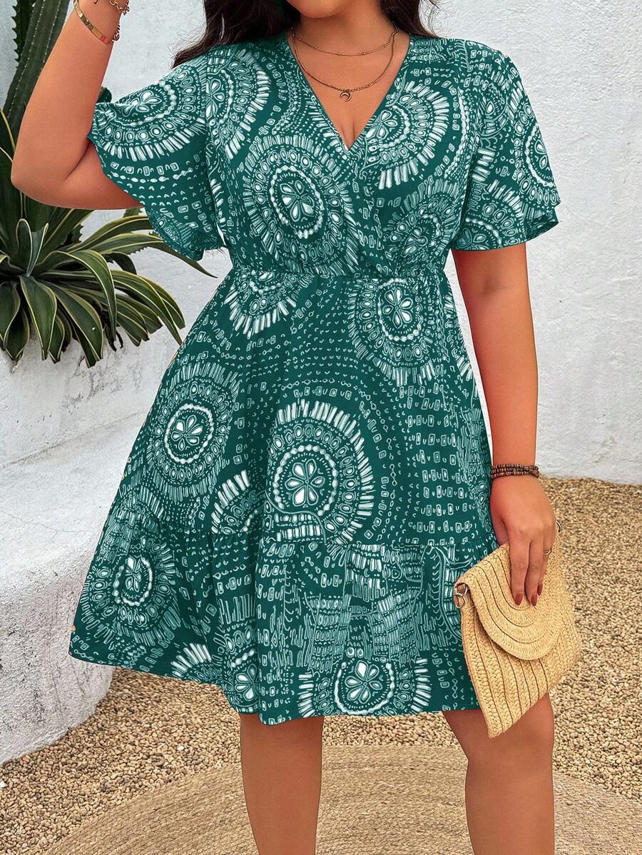 SHEIN Clasi 大码女式休闲度假时尚全身印花夏季连衣裙 - 墨綠色 - 查看 1