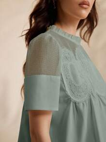 Uhlyne 女士纯棉短袖蕾丝拼接衬衫，宽松休闲度假衬衫，夏季新品，秋季百搭，简约风格，适合工作、教师、返校季等场合，中性色，商务休闲，复古富贵风。 - 綠色 - 查看 8