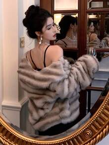 DAZY 时尚轻薄光滑蓬松领夹克，女士冬季外套 - 灰色 - 查看 2