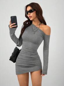 Coolane Women's Spring/Fall  Minimalist  Old Money Date Night Rib Knit Ruched Asymmetrical Neck Slim Fit Short Dress