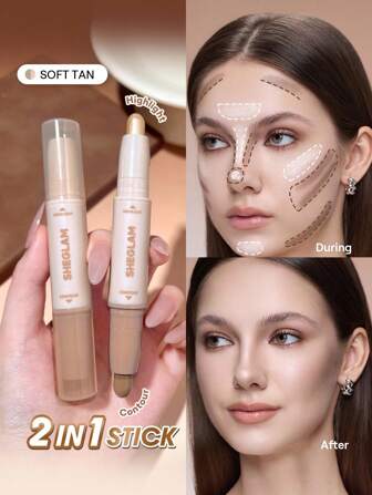 SHEGLAM 2-In-1 Contour & Highlight Stick-Soft Tan Brand Beauty Makeup Face Paint Cosmetic For Women Girls Perfect For Fall Winter Ideal For Y2K Fancy Fashion Suitable For Birthday Christmas Present Party Ready Best Color