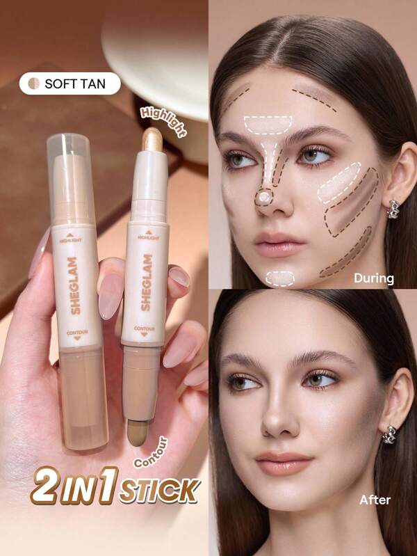 SHEGLAM 2-In-1 Contour & Highlight Stick-Soft Tan Graduation Birthday Holiday Summer Fall Autumn Y2K Fancy Fashion Women Makeup Cosmetic Party Beach Travel Camping Outdoors School Campus Trip Festivals Decor Gift Present Rose Girl Cosplay Best Color Charm Vibe