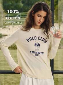 Briarwyn 女士圆领长袖休闲熊图案舒适上衣、图案 T 恤、秋季女装、返校季、复古风女装 - 黃色 - 查看 1