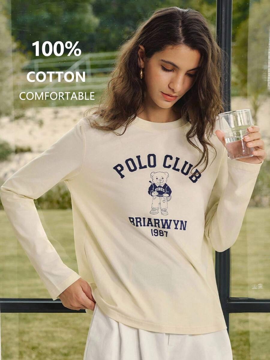 Briarwyn 女士圆领长袖休闲熊图案舒适上衣、图案 T 恤、秋季女装、返校季、复古风女装 - 黃色 - 查看 1