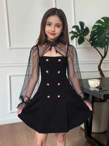 SHEIN 青少年女孩撞色网眼喇叭袖蝴蝶结纯黑色高领长袖后背蝴蝶结 A 字裙，适合日常穿着、休闲场合、优雅派对、生日派对、圣诞派对 - 黑色 - 查看 7