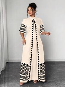 Elenzga Plus Size Print Tie Up 2 In 1 Dress Habesha Kemis - Apricot - View 5