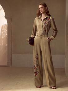 MOTF PREMIUM 花卉刺绣纽扣上衣和压褶长裤 - 卡其色 - 查看 8