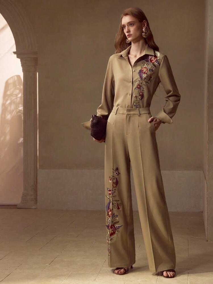 FLORAL EMBROIDERY BUTTON UP TOP & PRESS CREASE PANTS