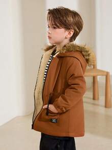 SHEIN Young Boy Casual Drawstring Waist Faux Fur Hooded Padded Parka Coat, Autumn/Winter Fall - Brown - View 7