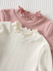 Cozy Pixies 4pcs/Set Baju Bayi Perempuan Rajut Warna Polos Lembut Leher Bulat Lengan Panjang Atasan dan Celana Panjang Pinggang Elastis Set Bayi Perempuan Bergaris Hangat - Aprikot - View 9