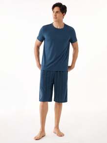 Manfinity Men Solid Tee & Striped Print Shorts PJ Set / Pajama Set
