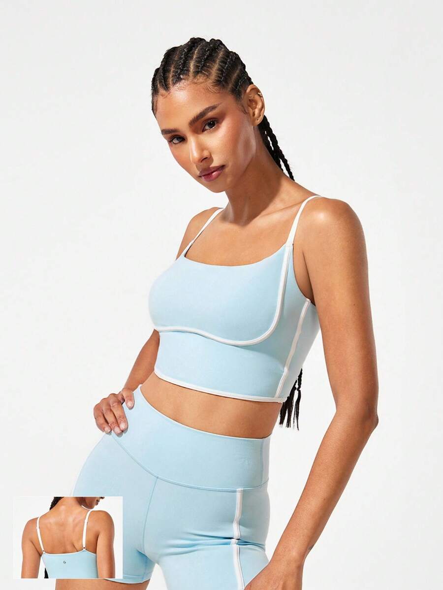 GLOWMODE FeatherFit™ 双色圆领长款运动内衣，低冲击瑜伽日常穿着 - 水藍色 - 查看 1