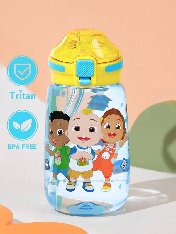 CoComelon X SHEIN 16 Oz / 500 Ml Water Bottle With Silicone Straw And Spill-Proof Lid,Suitable For Travel, Tourism, And School