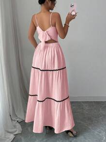 Elenzga 女式夏季新款撞色饰边系带无袖休闲连衣裙 - 粉色 - 查看 2