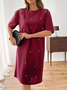 EURMUSE Women Rhinestone Embroidery Detailed Mini Sweat Dress - Burgundy - View 6