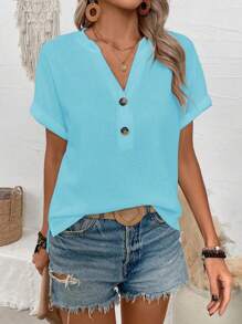 SHEIN PETITE Women Notched Neck Solid Color Textured Batwing Sleeve T-Shirt For Summer - Blue - View 5