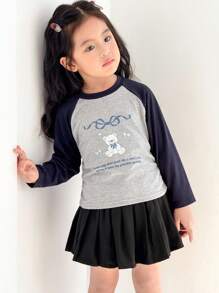 Zikori Zikori Young Girls' Casual Animal Pattern Color-Block Long Sleeve T-Shirt