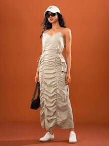 Hanevo Khaki Elastic Waist Drawstring Pockets Women Casual Dress