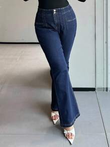 Dazy Plus 深洗蓝色弹力修身喇叭裤牛仔裤，适合全年穿着 - 深色水洗藍 - 查看 5