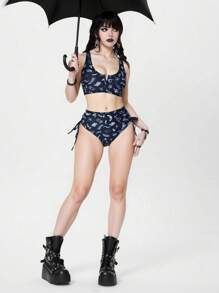 ROMWE Goth Bộ bikini xẻ tà họa tiết đầu xương và côn trùng chắp vá toàn thân dành cho kỳ nghỉ hè trên bãi biển dành cho nữ - Đen và trắng - Xem 3