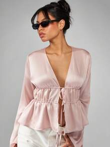 MISSGUIDED Empire Waist Blouse Ruffled Long Bell Sleeve V Neck Ruched Front Party Evening Holiday Elegant Dressy Spring Summer Light Fashion Top - Pink - View 5