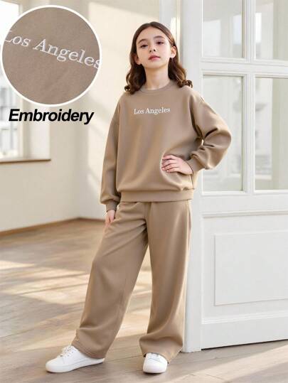 SHEIN 少女休闲宽松长袖圆领字母洛杉矶刺绣图案舒适针织卫衣和配套阔腿直筒裤套装，返校装，卡其色卫衣套装，运动服