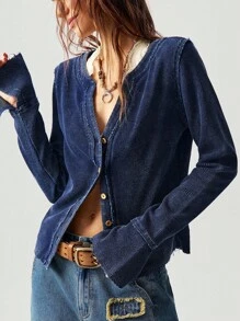 Bohemela 大码休闲复古纽扣前喇叭袖T恤 - 藏蓝色 - 查看 5