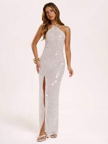 SHEIN BAE Women's White Large Sequins Transparent Halter Neck Sexy/Elegant Party Top/Dating Dress/Birthday Party/Guest Dress/Sexy See-Through Dress/Sequin Dress/Festival Dress/Party Gathering