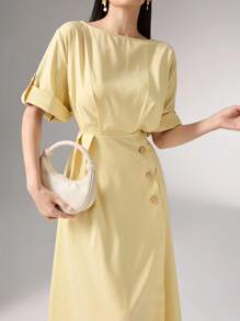 Heiryn Đầm dài vừa phải thanh lịch cổ tròn tay bo gấu màu trơn dành cho nữ có họa tiết hoa kim loại - Màu vàng - Xem 3