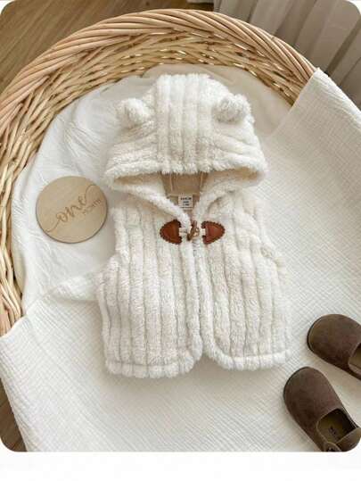 SHEIN Adorable Bear Ear Hood, Fuzzy Jacket, & Tank Top, Fashionable & Cute For Toddlers Baby Hooded Vest Newborn Vest Baby Bear Ear Vest Baby Warm Vest Baby Fuzzy Vest Autumn Winter ClothGirlr Women
