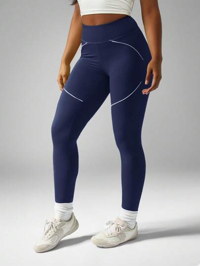 MISSGUIDED 高腰压缩运动紧身裤，带弧形面板细节，超柔软高性能瑜伽跑步健身运动裤