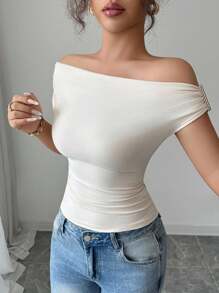 Elenzga Damen Sommer Strick elastisch anliegende asymmetrische Schulter Rüschen Metall Knopf Lässig Elegant T-Shirt - Aprikosenfarben - Übersicht 3