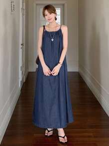 DAZY 女士夏季休闲无袖长款牛仔连衣裤 - 藍色 - 查看 3