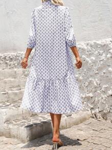 SHEIN LUNE 印花灯笼袖长裙女装 - 紫色 - 查看 2