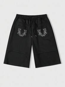 ROMWE MEN Street Life 男士刺绣图案宽松七分长运动裤 - 黑色 - 查看 1