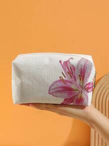 ROMWE Fairycore 白底粉百合花卉图案八角绒化妆包 - 彩色 - 查看 4