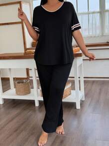 SHEIN 加大码柔软亲肤撞色休闲睡衣套装 - 黑色 - 查看 5