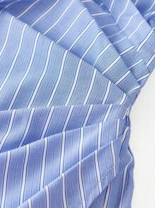 SHEIN Tween-Mädchen Lässiges Vintage Academy Hemdkleid mit blau-weiß gestreiftem Hemdkragen, Überzug, Rüschenwickel, asymmetrischem Saum und langen Ärmeln, für Ausflüge, Versammlungen, Partys und mehr - Blau - Übersicht 5