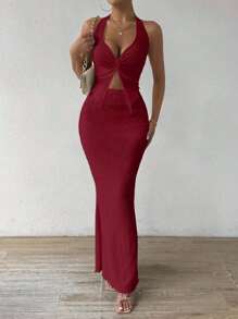 Islaluna Women's Solid Color Twist Front Sleeveless Crop Top With Mermaid Hem Bodycon 2 Pieces Set