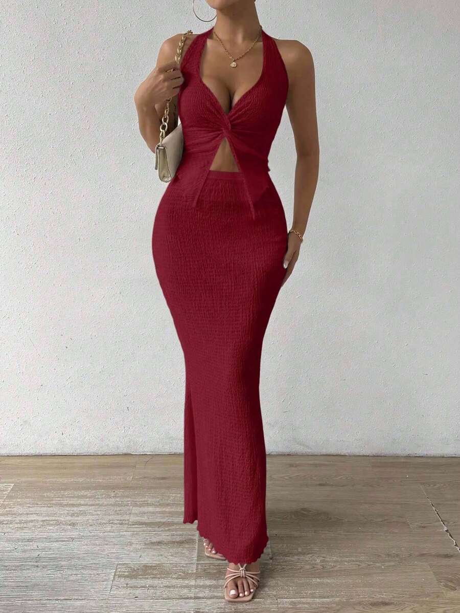 Islaluna Women's Solid Color Twist Front Sleeveless Crop Top With Mermaid Hem Bodycon 2 Pieces Set