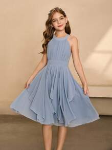 女童雪纺高领不对称下摆短裙，高端优雅，适合婚礼季、万圣节、舞会、生日派对、毕业典礼 - 藍色 - 查看 7