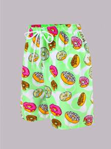 Tween Boy Donut Print Drawstring Waist Loose Swimming Shorts - Green - View 3