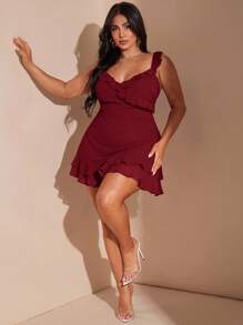 SHEIN BAE 大码女式浪漫性感 V 领甜美可爱优雅百搭约会夜红色荷叶边下摆迷你连衣裙，夏季海滩度假派对短裙 - 酒紅色 - 查看 4