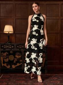 ZEYLAH 双色立体花朵蕾丝边开衩后背挂脖连衣裙 秋冬 - 黑色 - 查看 5