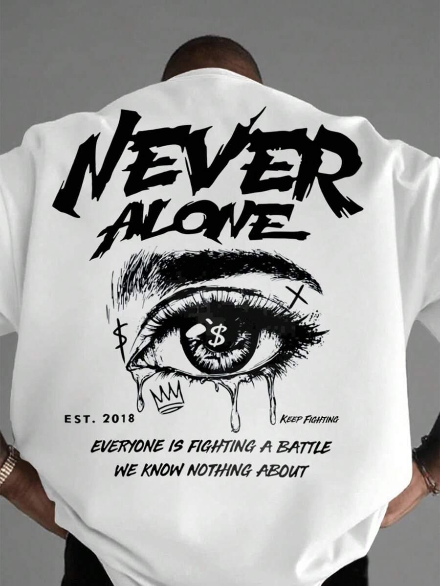 Manfinity EMRG 男士休闲眼形标语印花T恤，夏季 - 白色 - 查看 1